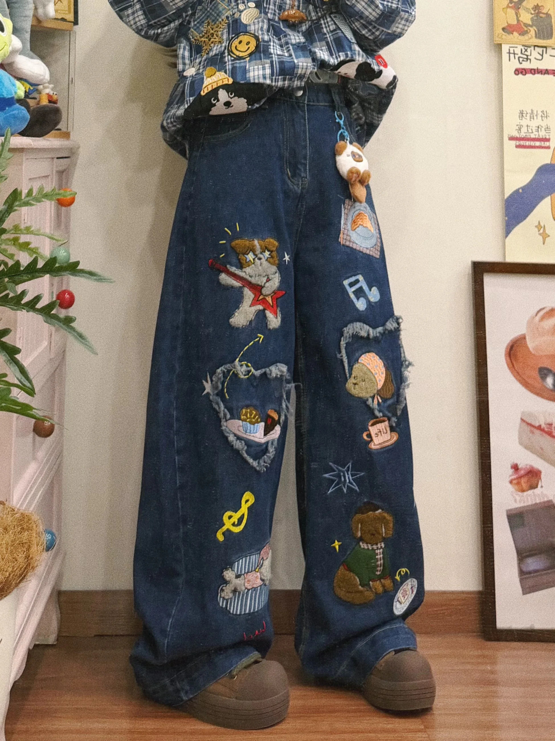

Retro Cute Cartoon Style Embroidered Denim Pants Women's Loose Bf Style Wide Straight Leg Long Blue Jeans Natural Waist