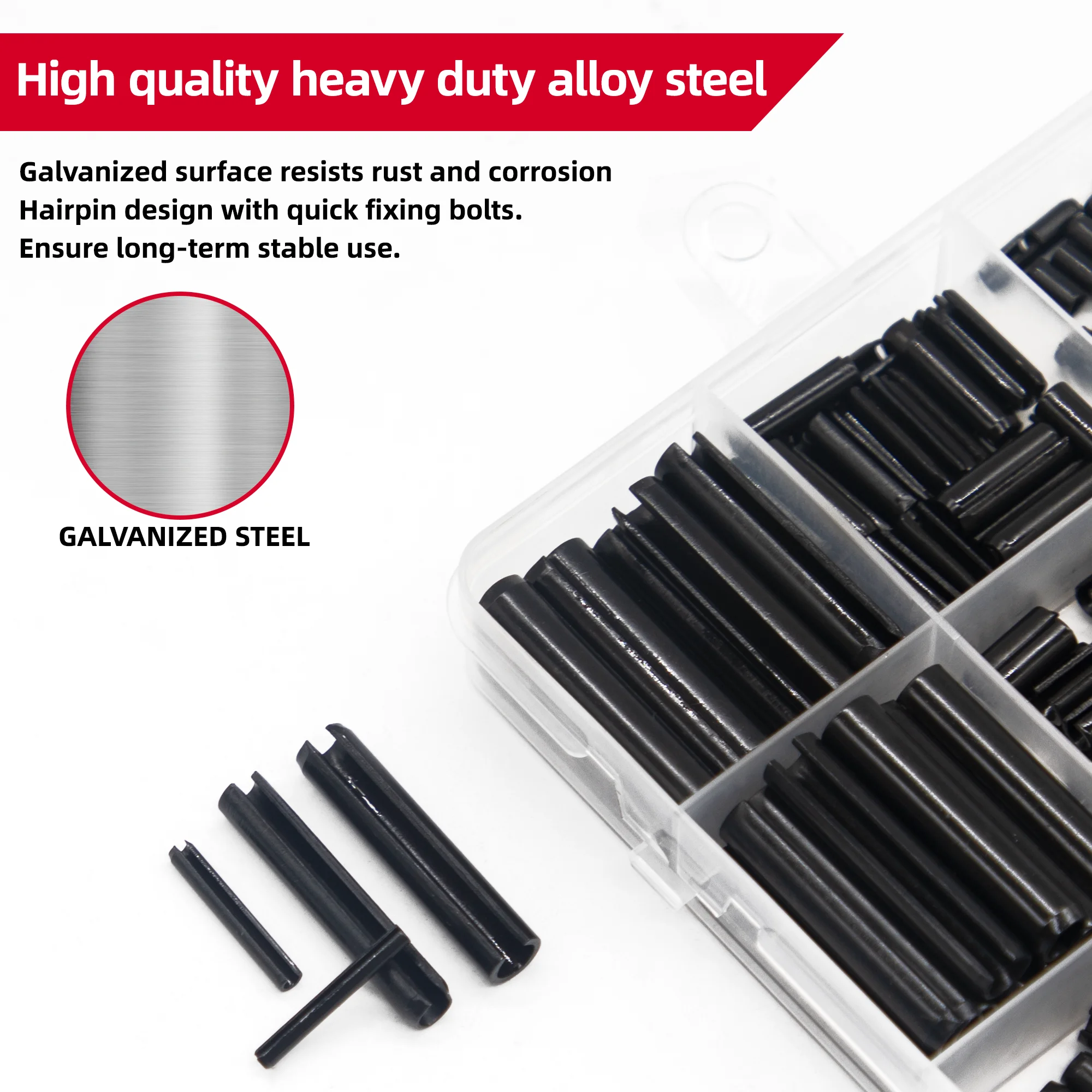 435Pcs Carbon Steel Galvanized Slotted Spring Pin Assortment Kit - Elastic Cylindrical Cotter Pins Set for Multifunctional Use
