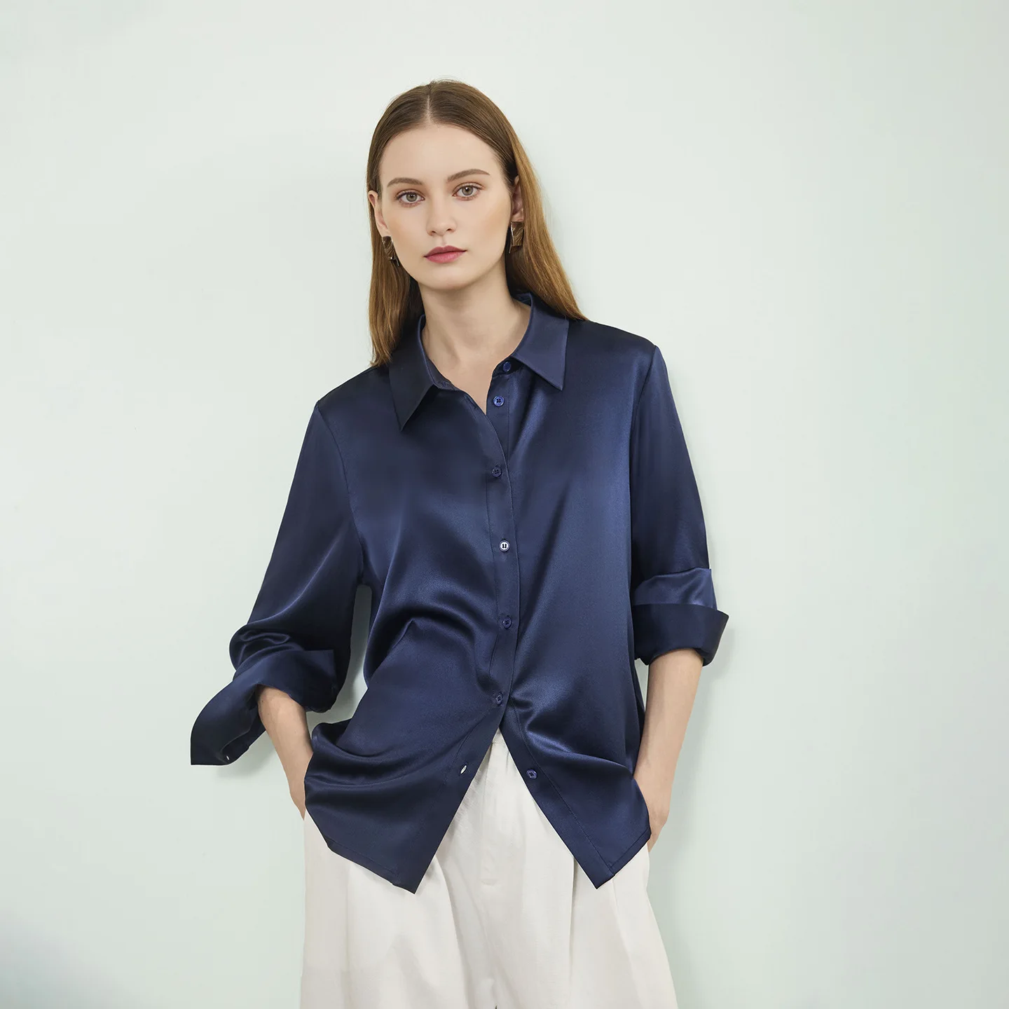 

Women's Mulberry Silk Shirt Loose Cardigan Tops Long Sleeve Blouse for Office Solid Color Casual Top Office Lady Elegant Blouses