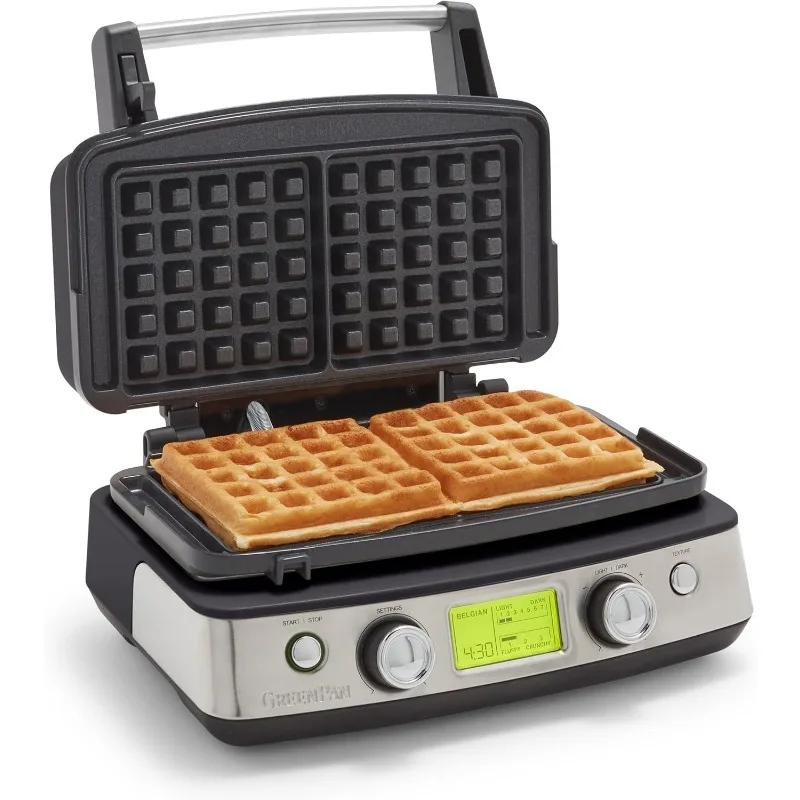 

GreenPan Stainless Steel 2-Square Waffle Maker Iron, Healthy Ceramic Nonstick Plates, Adjustable Shade & Crunch Settings