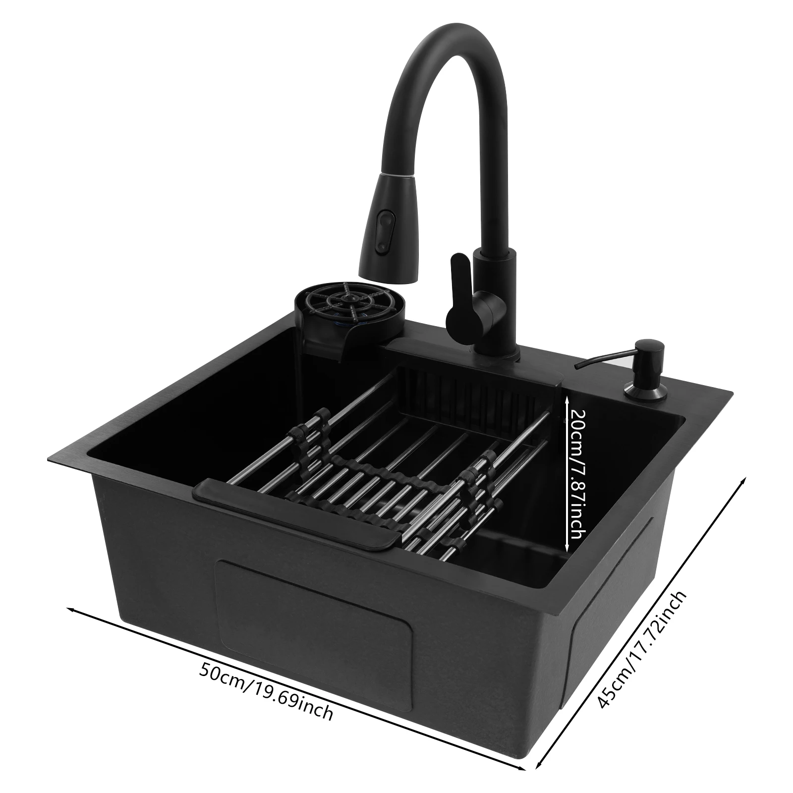 45x40cm zwarte aanrecht multifunctioneel met uittrekbare kraan, bekerspoeler, mand, zeep, roestvrijstalen enkele kom pijpset