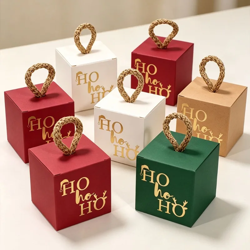 50PCS Small Square Christmas Gift Box Hot Stamping Handheld Box Candy Packaging Box For Christmas Eve Holiday Gift Packing
