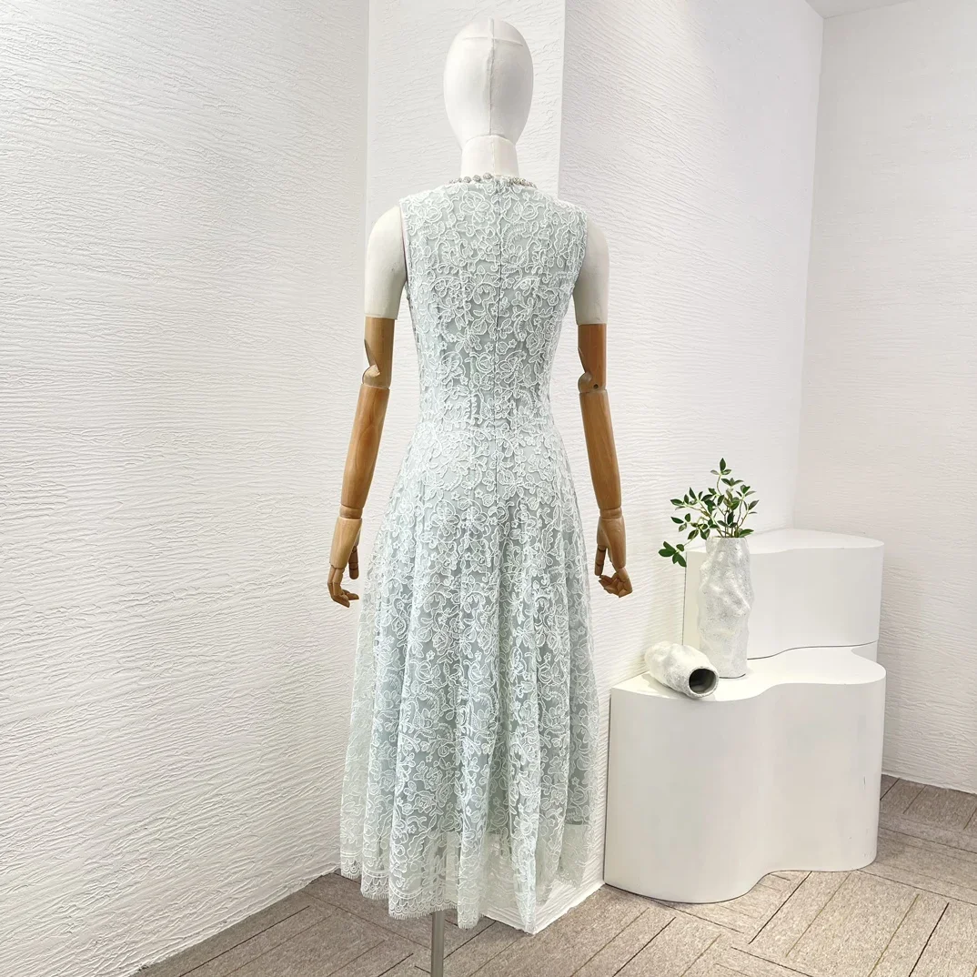 Women's Classic Lace Midi Dress Sleeveless O-neck Beading Diamonds Graceful Ladies Clothing for Party 2024 Summer New