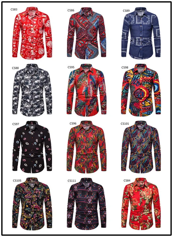 Four Seasons New Men\'s Casual Fashion Printing Large Size Long Sleeve Floral Shirt Cotton Linen Thin Section