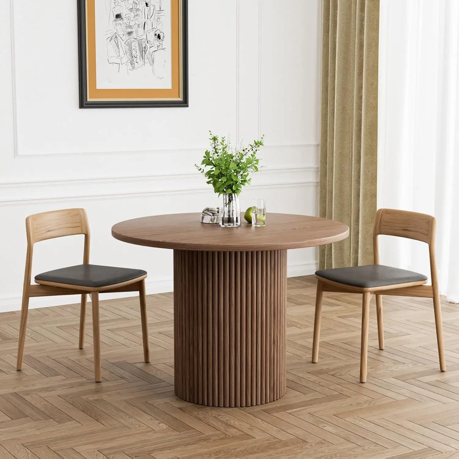 

Round Dining Table, 41.7" Modern Wood Kitchen Table for 4, Pedestal Circle Dining Tables, Fluted Dining Table for Leisure, Coffe