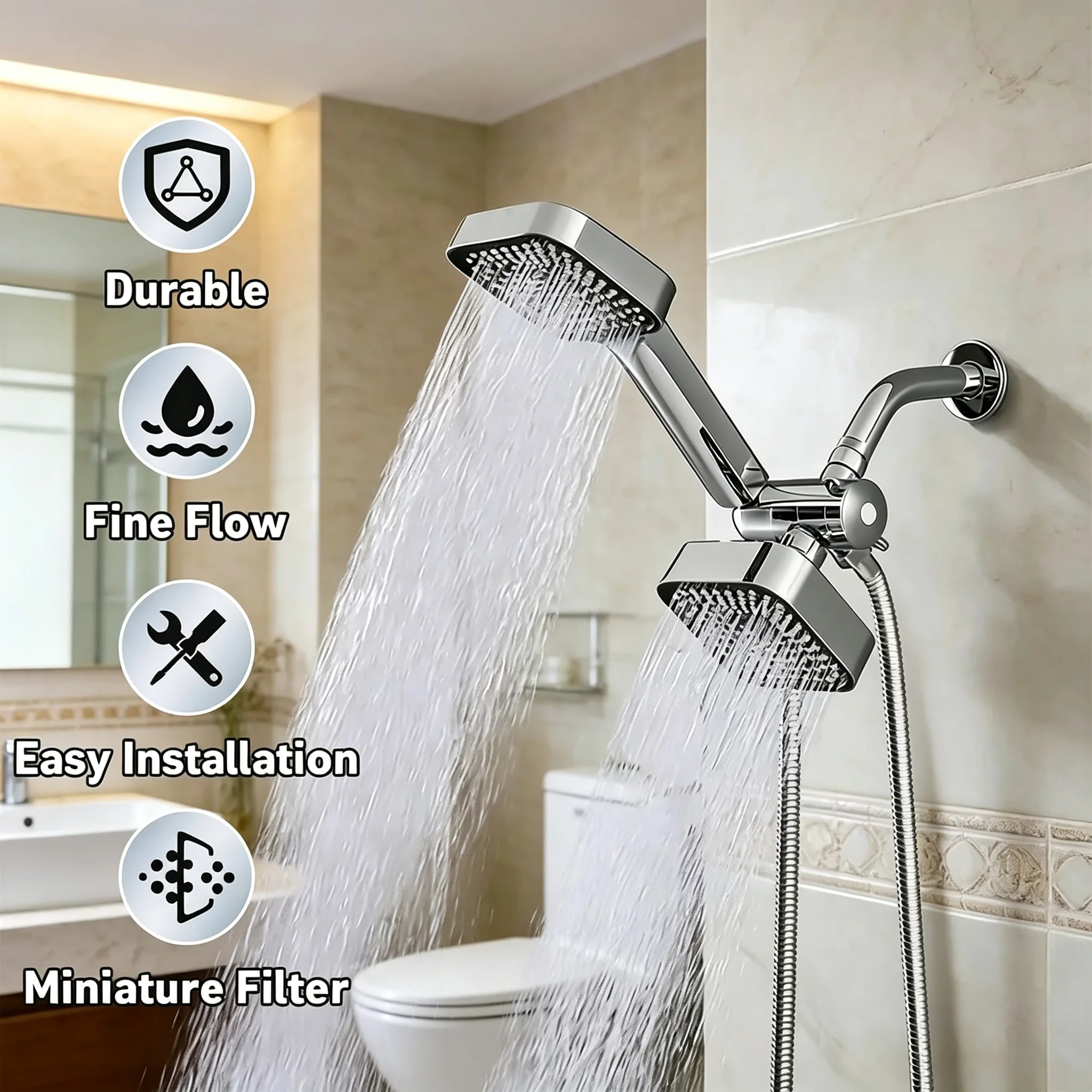 Modernes Doppel-Quadrat-Duschkopf-Set zur Wandmontage mit Hochdurchfluss-Multisprühsystem, Drehbarem Halter, Flexiblem Schlauch und Verstopfungsfreier Düse – Detail 9