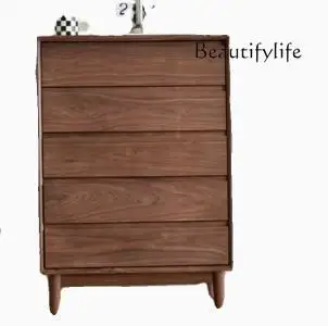 Black Walnut Five-Drawer Wooden Chest of Drawers Living Room Storage Cabinet Narrow Side Cabinet Bedroom Bed Front Cabinet