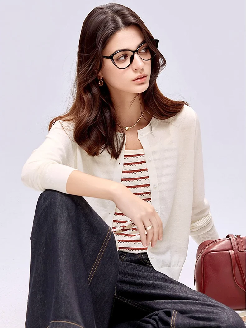 SuyaDream, Elegant 100% Superfine Wool Cardigan Women, V Neck Long Sleeve Thin Knit Coat for Daily Wear, Elegant Outerwear