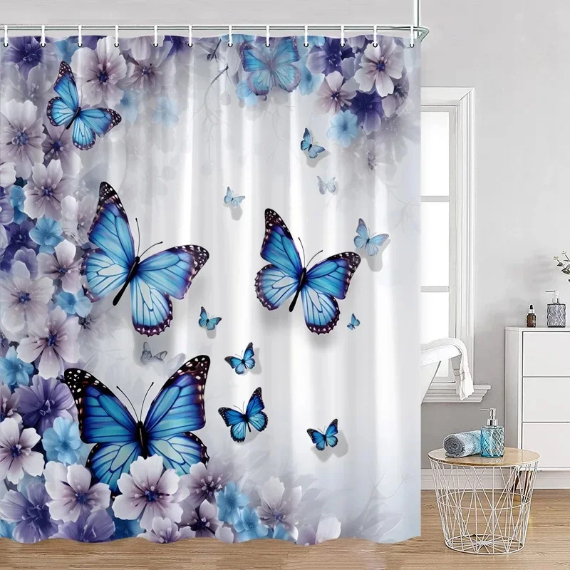 VIKAMA Romantischer Duschvorhang mit Blauem Schmetterling und Lila Blumenmuster, Wasserdichter Badvorhang zur Badezimmerdekoration