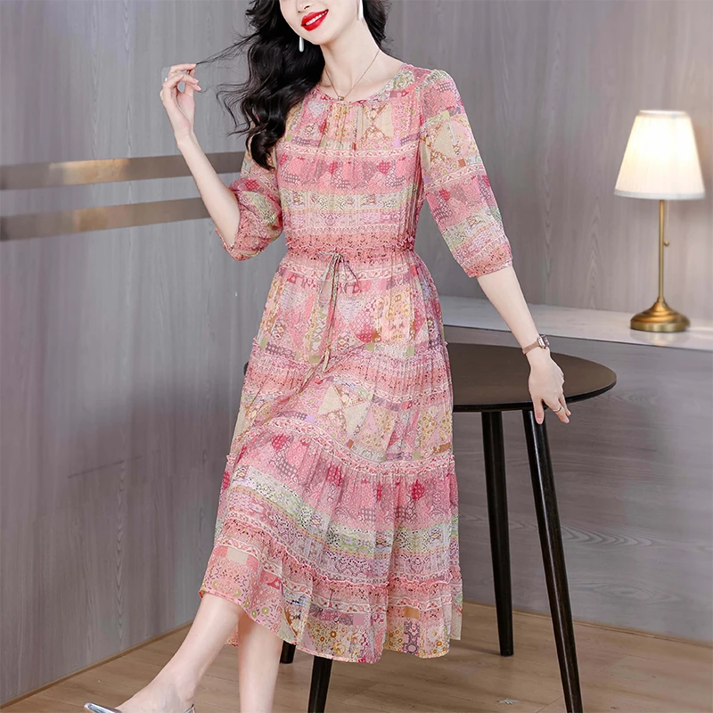 2025 Summer Print Silk Beach Midi Sundress Women Boho Fashion Casual Light Dress Spring Korean Elegant Luxury Festival Vestidos