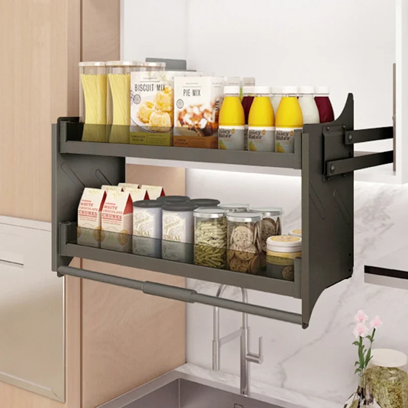 Hanging cabinet with damping lift pull-out kitchen cabinet pull-down shelf spices aluminum pull-down basket