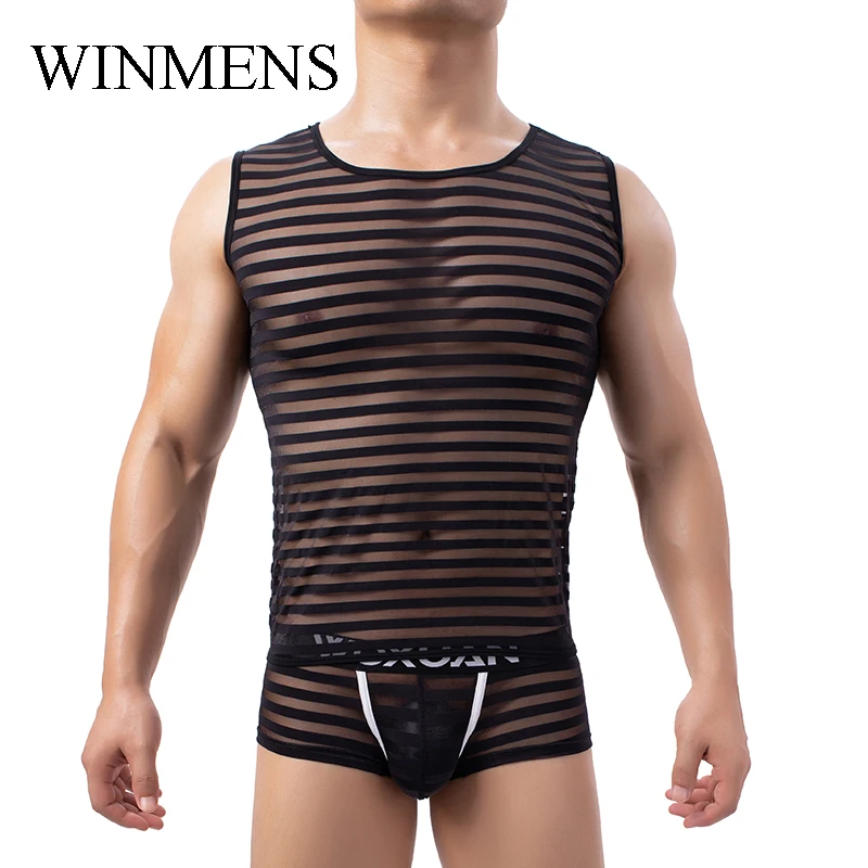 

Horizontal Mesh Undershirts Men's See Through Ultra-thin Sleeveless Tops O-neck Breathable Adult Fitness Singlets Elastic Vest