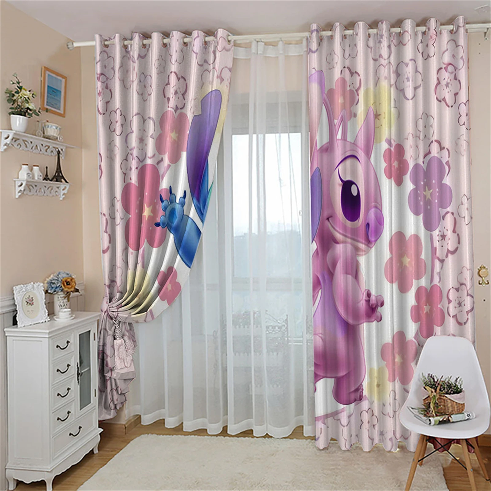 Cortinas opacas estampadas de Anime para sala de estar, dormitorio, cocina, hogar, 100% poliéster, Stitch