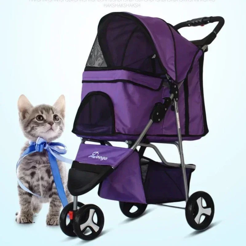 Three-wheeled Small Dog Transport Double Layer Car Dog Basket Stable Bearing Stroller for Animals Out Light Folding Dog Supplies