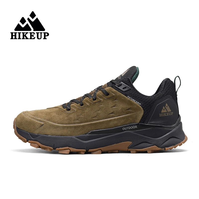 HIKEUP Rubber Outsole Cushioned Shoes for Men Antiskid Camping Hunting Walking Shoe Suede Genuine Leather Breathable Sneaker