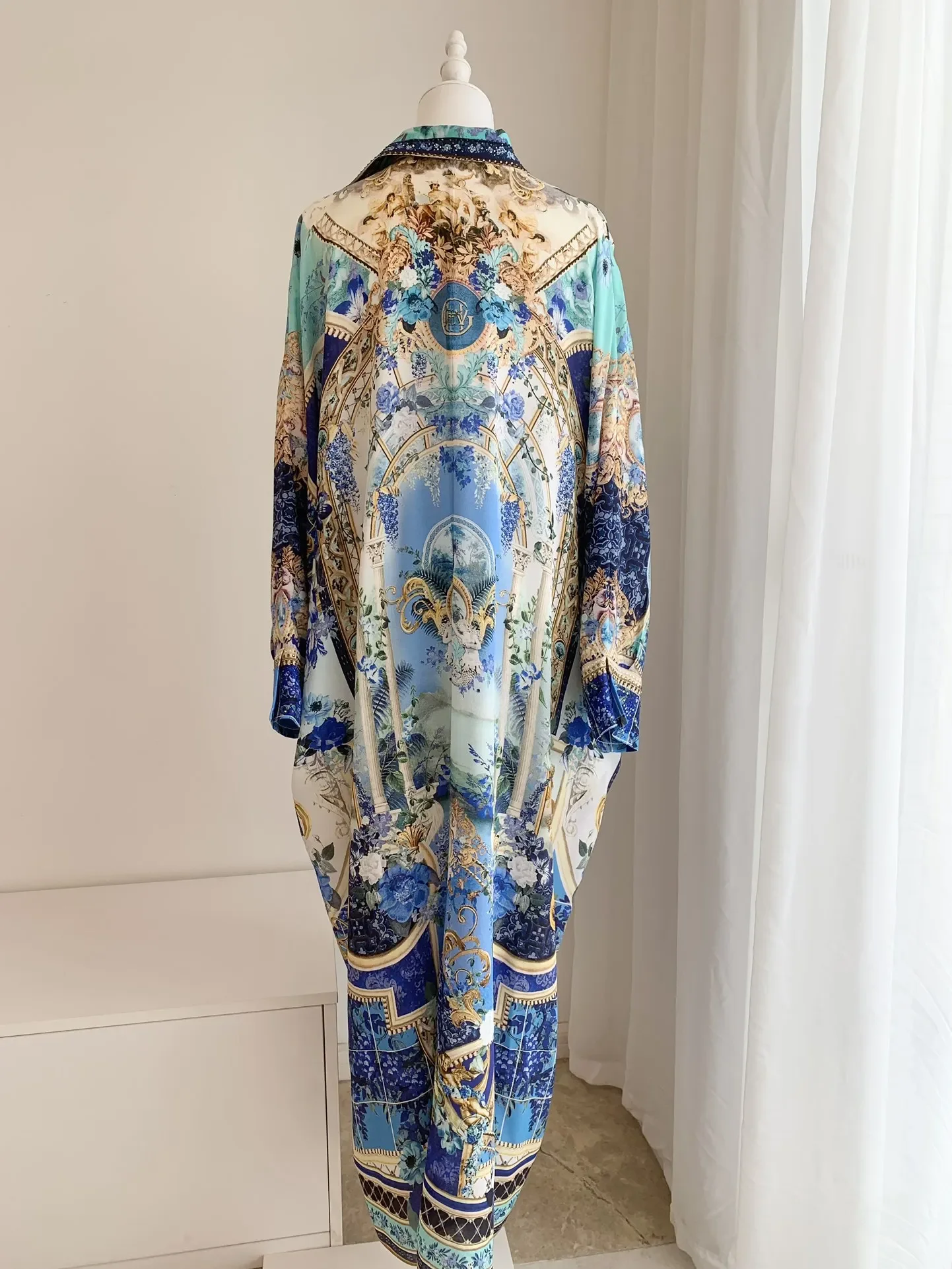 Women Beaded Long Dress Flower Printed Turn-down Collar Long Sleeve 100% Silk Vintage Robe