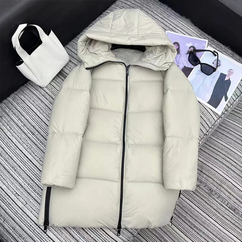 

High quality White goose down jacket women's winter hooded mid-length cotton coat, simple and elegant 251209138
