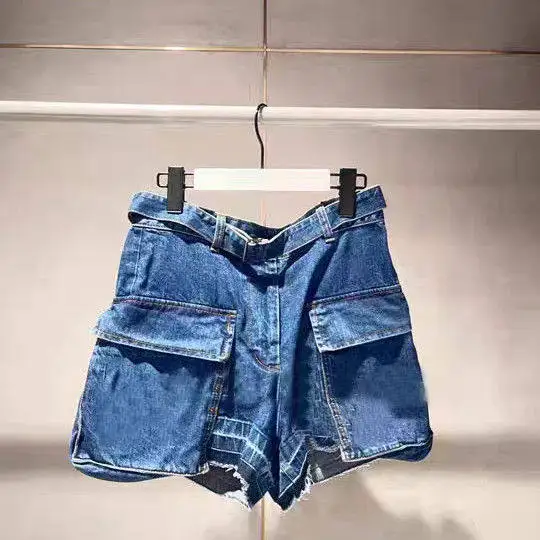 SAC denim shorts casual double-sided large pocket belt casual shorts