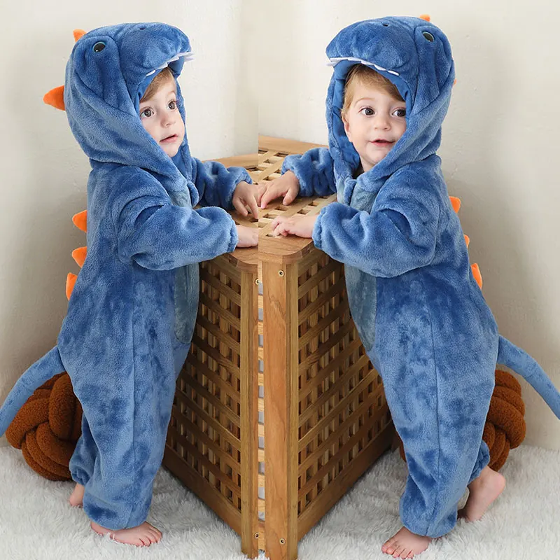 Halloween Dinosaur Winter Baby Romper Kigurumi Costume Flannel Hooded Bodysuit Pajamas Animal Overall Jumpsuit For Girl Boy 0-4T