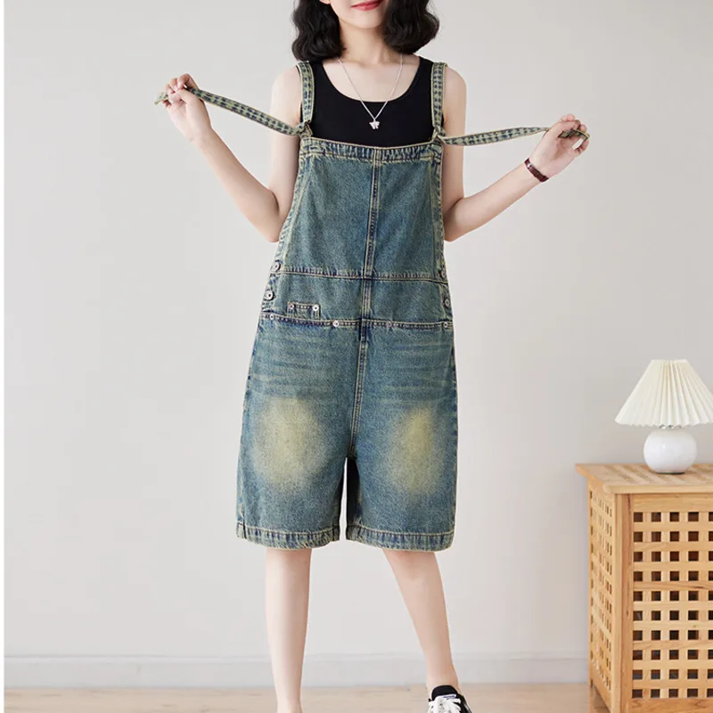 #2423 Light Blue Spaghetti Strap Denim Playsuits Women Pockets Sexy Loose Vintage Wide Leg Rompers Womens Jumpsuit Shorts Summer