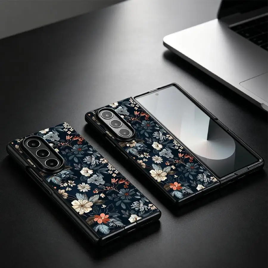 Étui à motif floral foncé pour Samsung Galaxy Z Fold7 Z Fold6 Z Fold5 Z Fold4 Z Fold3 – Coque arrière pour téléphone