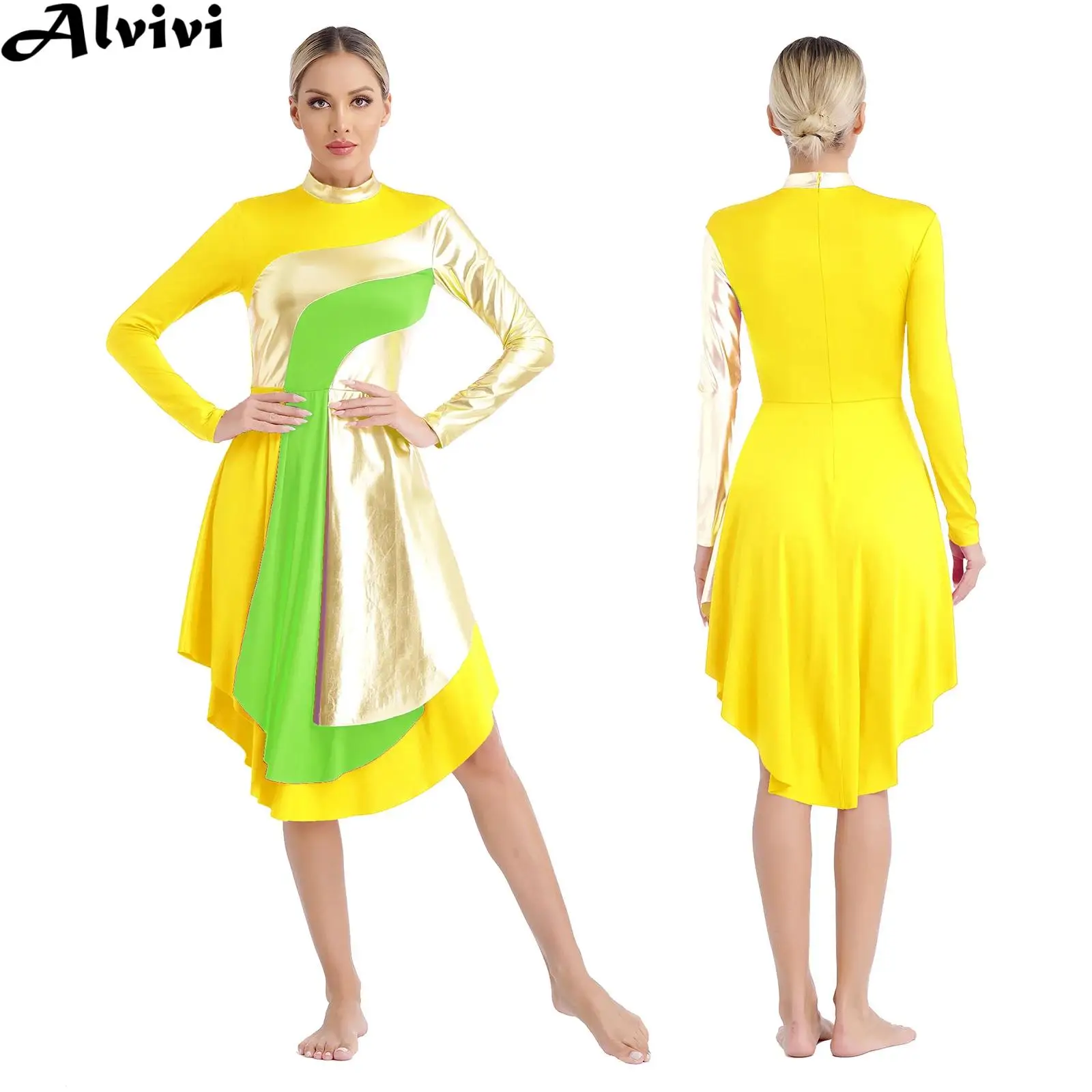 

Women Lyrical Dance Dress Church Choir Worship Liturgical Praise Performance Clothes Long Sleeve Contrast Color Patchwork Gown