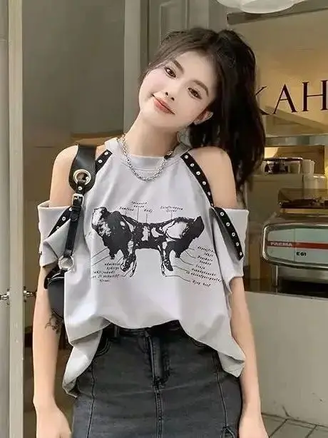 

Short Sleeves Off Shoulder Top Sexy Plus Size Fine Youth Elegant Women Summer Korean Fashion Tee Shirt Loose 2024 New