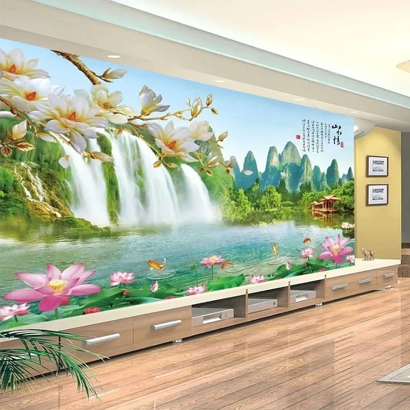 Custom Photo Wallpaper 3D Stereo Waterfall Lake Lotus Landscape Mural Living Room TV Sofa Bedroom Home Decor Papel De Parede