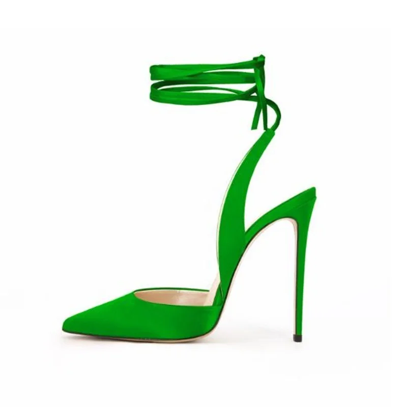 

Modern Ankle Wrap Pointed Toe High Heel Shoes Green Red Stretch Fabric Lace Up Hollow Spring Autumn Female Dress Shoes Big Size
