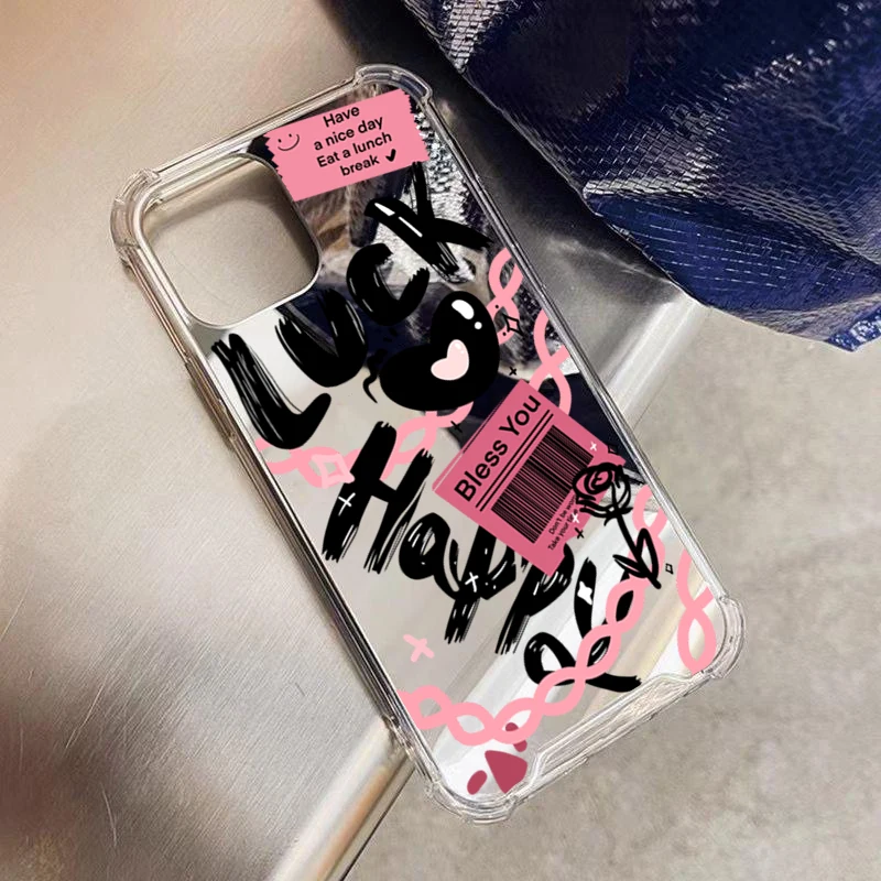 Funda de teléfono con patrón de amor de la suerte, carcasa de acrílico con espejo para iPhone 16, 11, 12, 13, 14, 15 Pro Max, XS, X, XR, 7, 8 Plus, SE2, a prueba de golpes