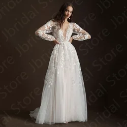 Graceful Latest Lace Wedding Dresses 2024 Bridal Gowns Long Sleeves Bride Dress V Neckline Wedding Gowns Back Out Sweep Train