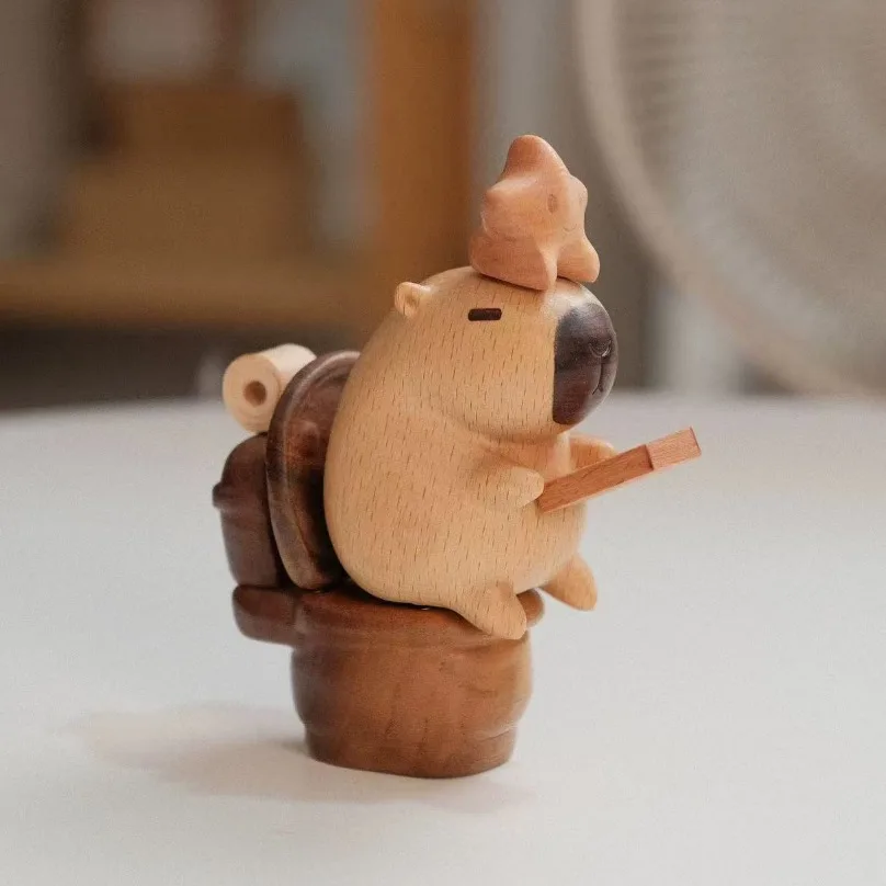 Walnut & Beech Magnetic Capybara on Toilet Set, Creative Wooden Home Decor Gift,Golden Sandalwood Figure