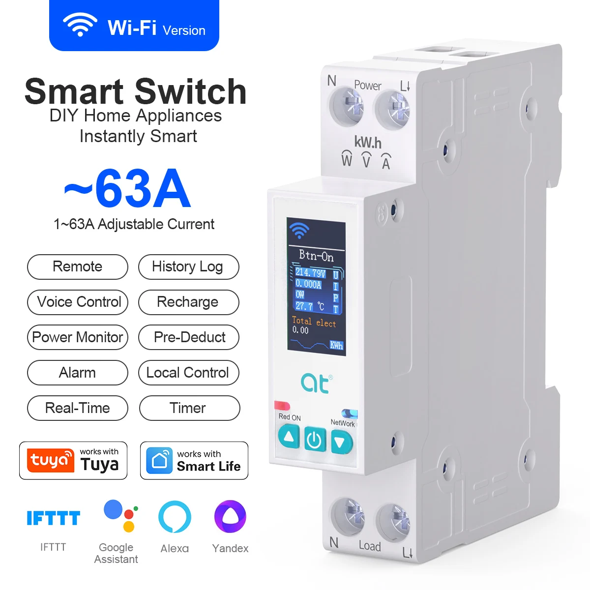 Tuya WiFi Smart Switch Intelligence Circuit Breaker 1P 63A with LED Display Metering Remote Control Overvoltage Protection