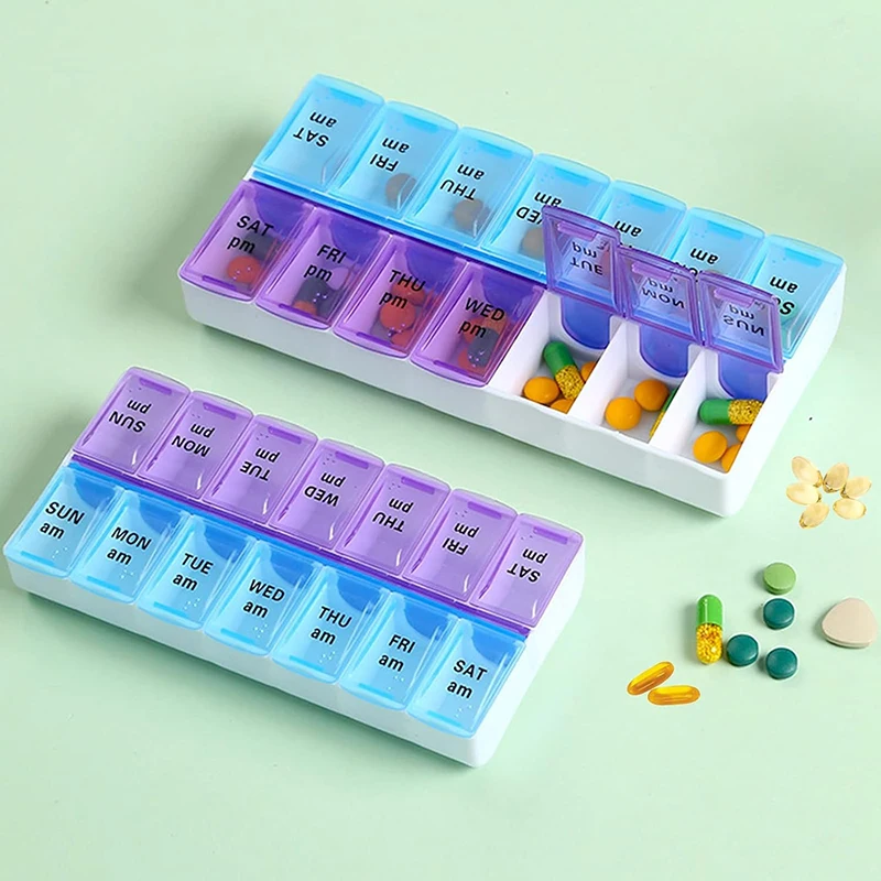 

Two-Row Weekly Medicine Organizer, 14 Compartments for AM/PM Doses, 3.35 Inch Height, with Fade-Resistant 3D Printed Text