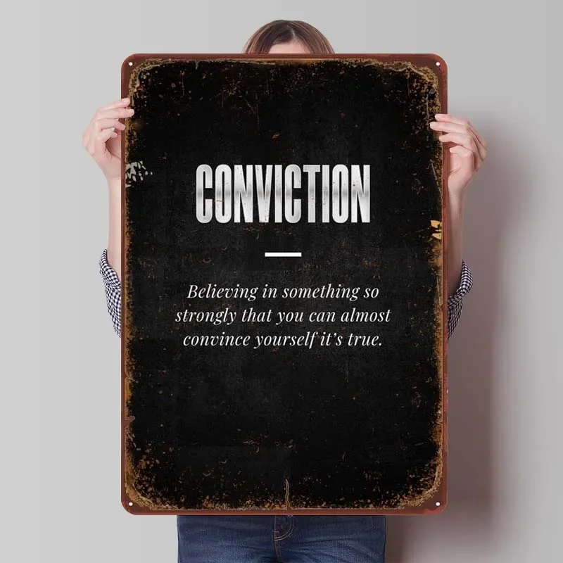 CONVICTION Rusty Sign Text Art Metal Poster Bathroom Decor Vintage Metal Tin Sign for Wall Decoration Gamer Room Decoration Home