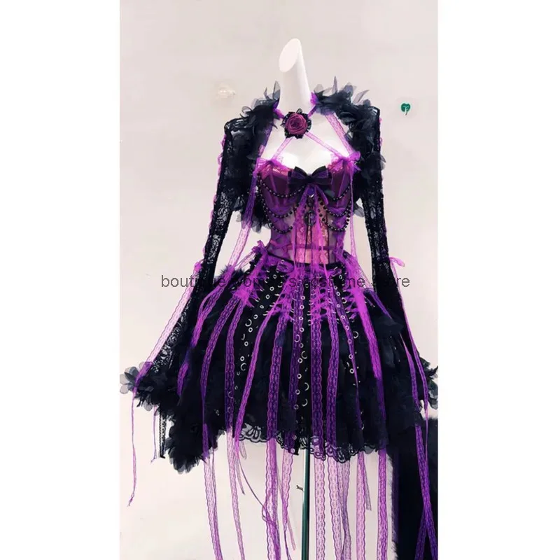 

Готическое платье для косплея на Хэллоуин, элегантное платье в готическом стиле с пышной юбкой, платье в стиле Лолита, черно-фиолетовое платье в академическом стиле