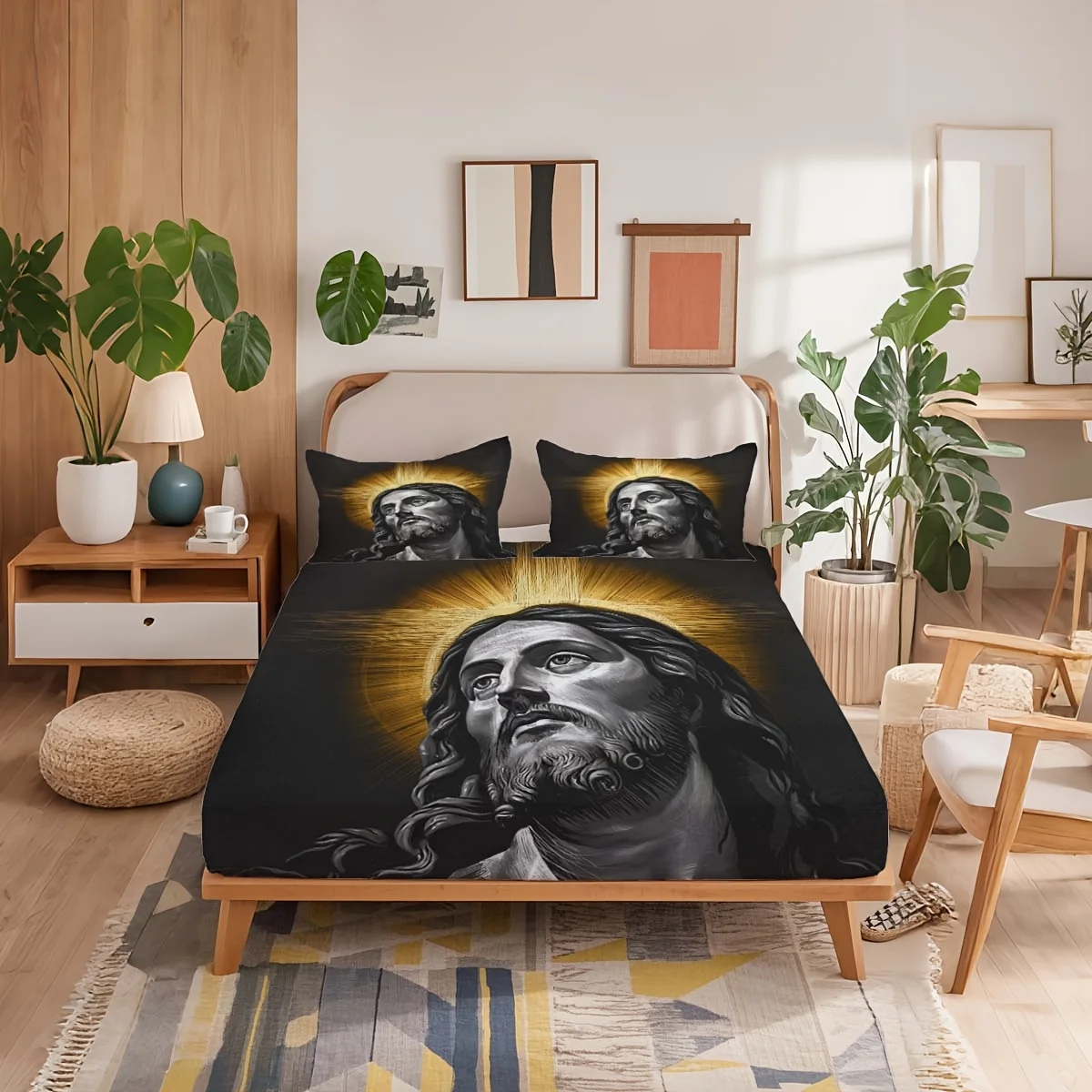 3pcs Jesus Bedding Set Black Sheets, Mattress Protector, Breathable And Soft for All Seasons, Durable Tear-Resistant Polyester,