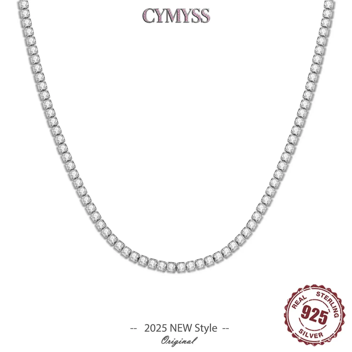 

Original Luxury 925 Sterling Silver 3mm Tennis Chain Necklace for Women Fashion Round Cubic Zirconia Gold Necklace Jewelry Gifts