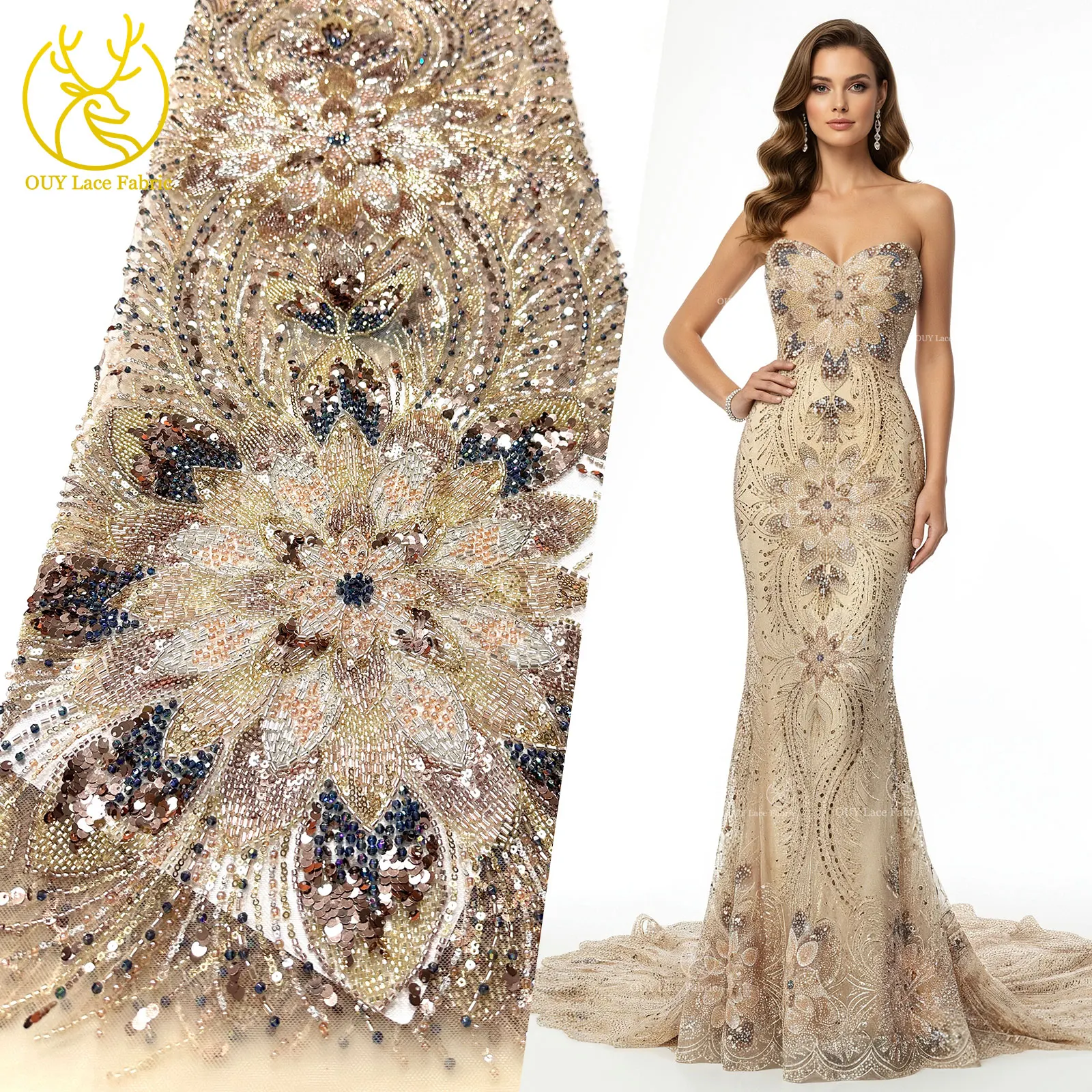 

African Heavy Beaded Lace Fabric French Bridal Sequins Lace Fabric 2026 Luxury Nigerian Tulle Lace Fabric Couture Materie