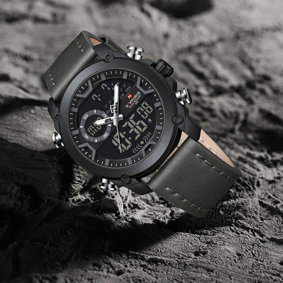 NAVIFORCE Uhren für Herren, lässige Mode, Dual-Display, Sport, echtes Armband, Alarmmodus, Quarz-Armbanduhr, 30 m wasserdichte Herrenuhr