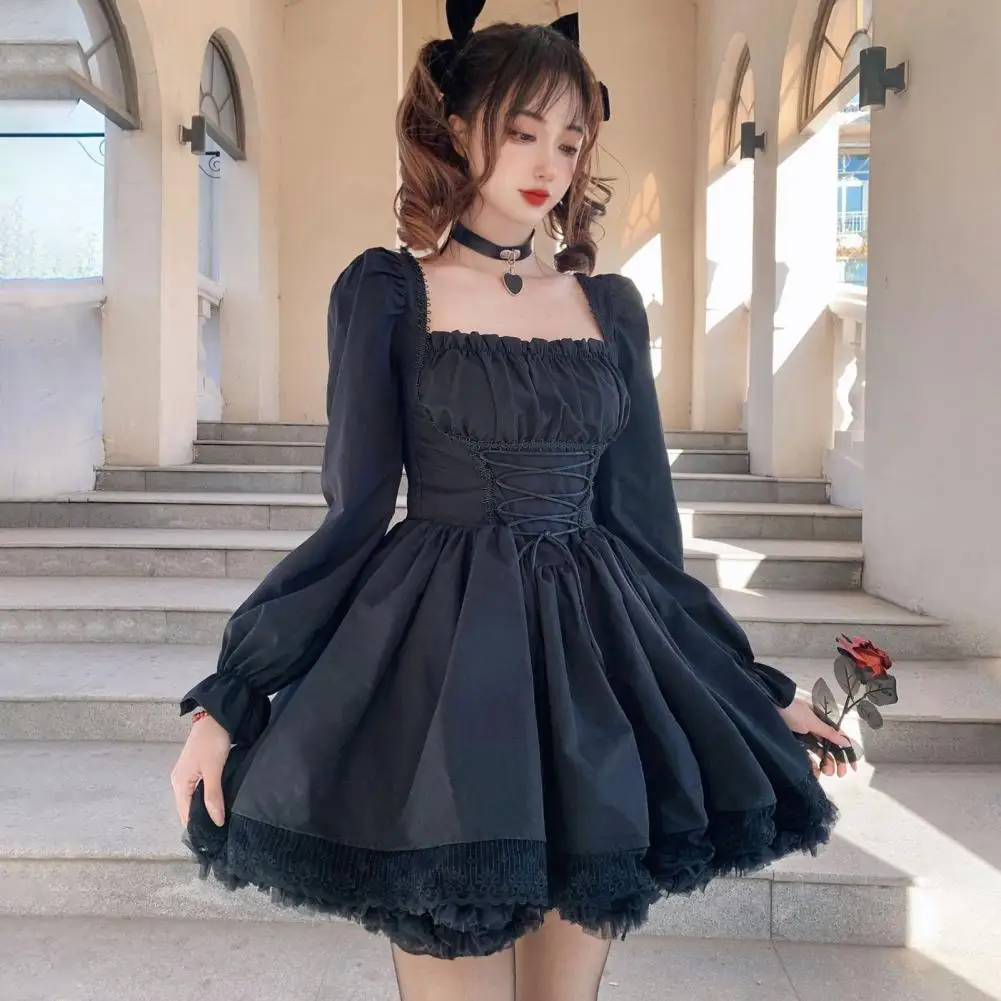 Sweet Lolita Style Dress Lolita Style Princess Dress with Pleated Shirring Square Neck A-line Puff Sleeves Lace Detail for Women