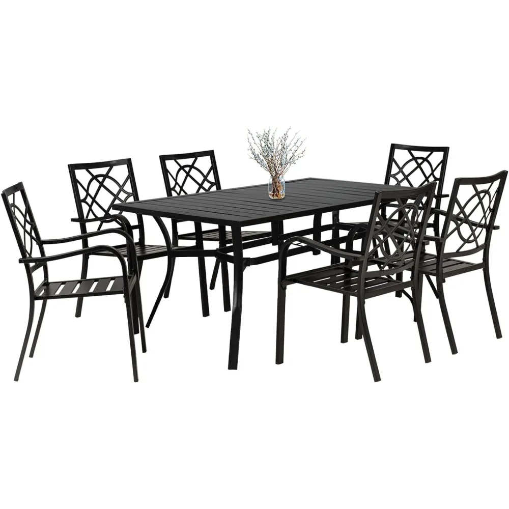 

Patio Furniture Sets, 7-Piece Wrought Iron Chairs and Table - Stackable Metal Chairs, Slat Bistro Table, Outdoor Furniture Sets