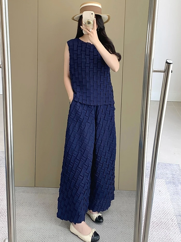 

Miyake High Quality Handmade Pleated Pants Set for Women's Summer New Sleeveless Top+loose Wide Leg Pants Two-piece Set