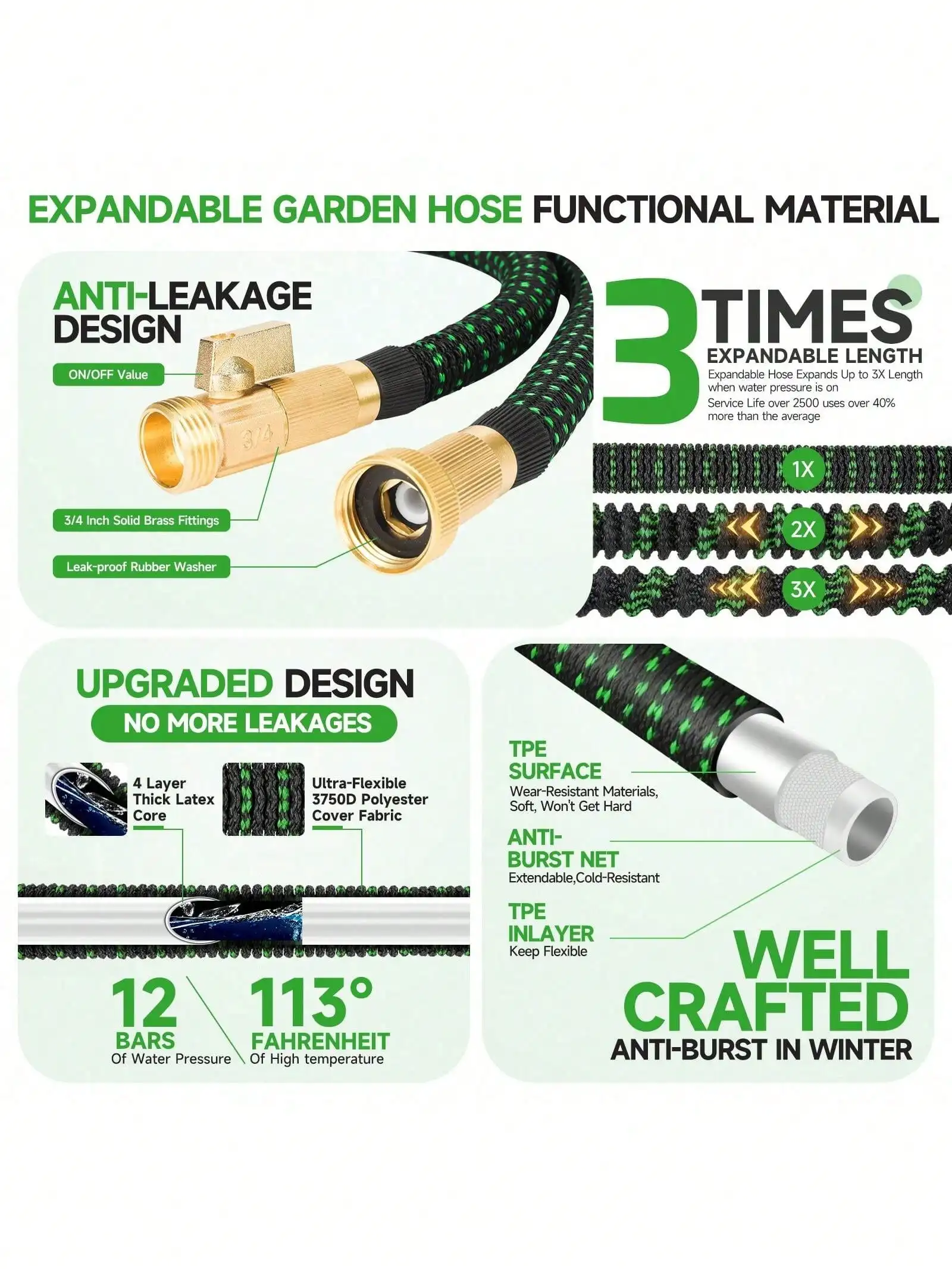 Stretchable Garden Hose, 100 Ft, Kink Free, 10 Pattern Spray Nozzle, Leak Proof, 3 4 Inch Connectors, for Yard Outdoor