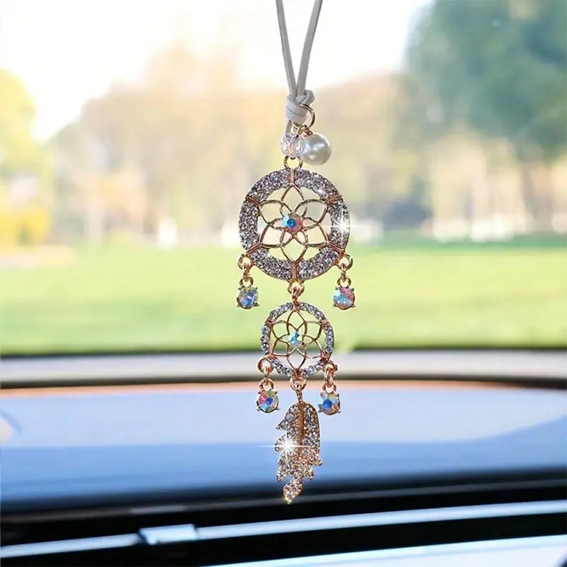 Shining Crystal Pearl Feather Dream Catcher Car Ornament – Elegant Hollow Metal W/ Sparkling Crystals Perfect Gift for Women