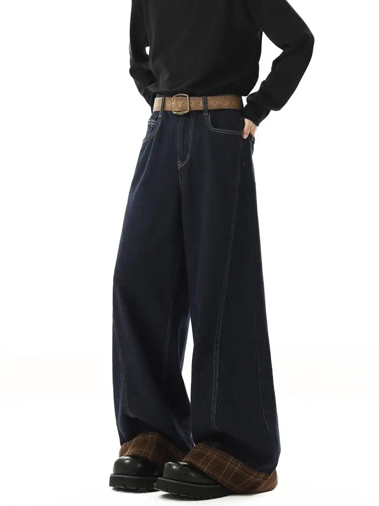 

Американские джинсовые брюки в клетку с отворотами, мужские прямые свободные широкие брюки, весенне-осенний стиль, износостойкие длинные брюки