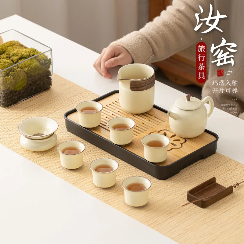 

Ru kiln opening piece can support the family user travel tea set, a complete set of tea group, ceramic Sancai gaiwan, teapot