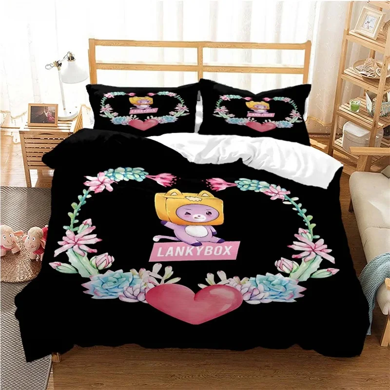 L-Lankybox Animated Movie All Season Duvet Cartoon Cover Bedding Sets Soft Quilt Cover and Pillowcases Single/Double/Queen/King