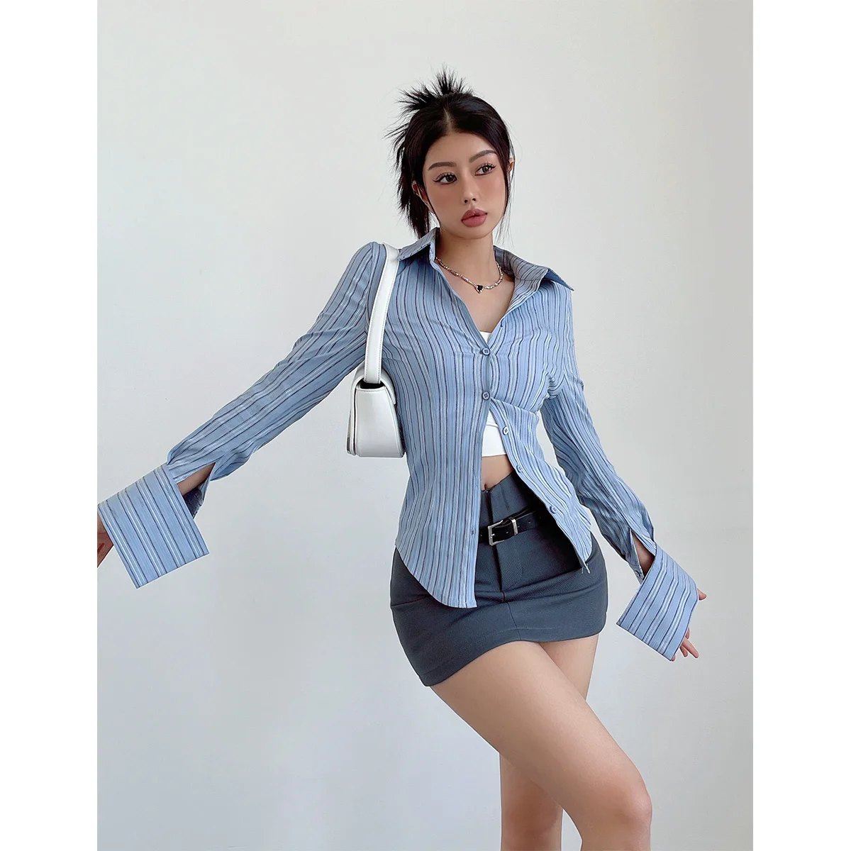 Spicy Girl Chic Contrast Blue Stripe Long Sleeve Shirt Women Slim High Waist Top Fashion Blouse 2023  M792