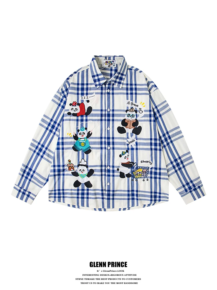 

Мужская рубашка GPstudio Design с вышивкой панды, в клетку, с длинным рукавом, свободного кроя, осенняя, повседневная, универсальная, из хлопка, модная